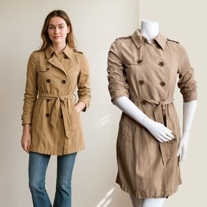 JCrew Icon Trench Coat Classic Tan Camel Preppy Mid-Length Double Breasted Sz 2